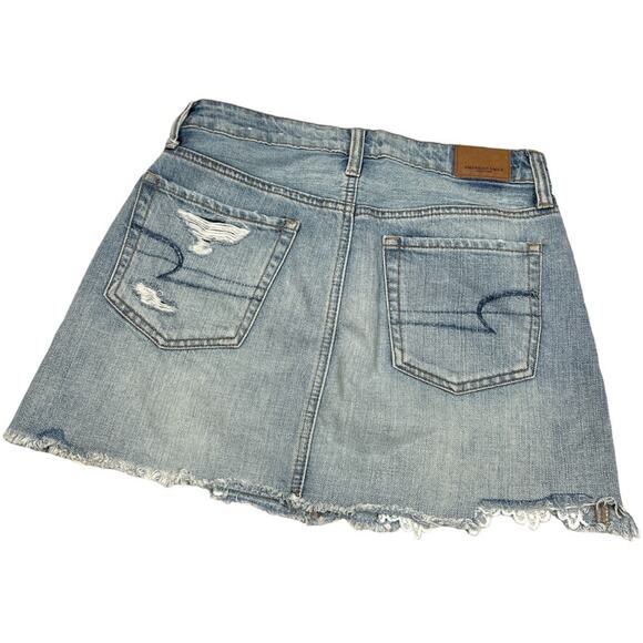 American Eagle Jean Skirt Hi-Rise Festival Mini Light Wash Denim Lace Women's 0 - Picture 2 of 12